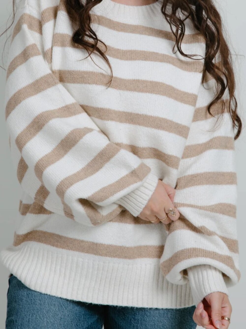 NWOT - By Together Striped Crewneck Sweater in Cream & Taupe - Picture 3 of 5